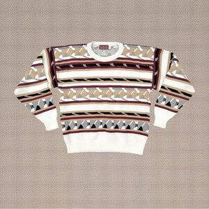 Vintage Atlas Ivory Abstract Geometric Textured Stripe Pullover Sweater